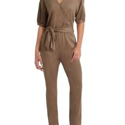 H Halston Womens Faux Suede Skinny Leg Jumpsuit