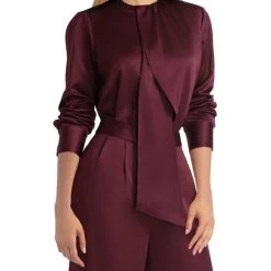 H Halston Womens Satin Scarf Detail Blouse